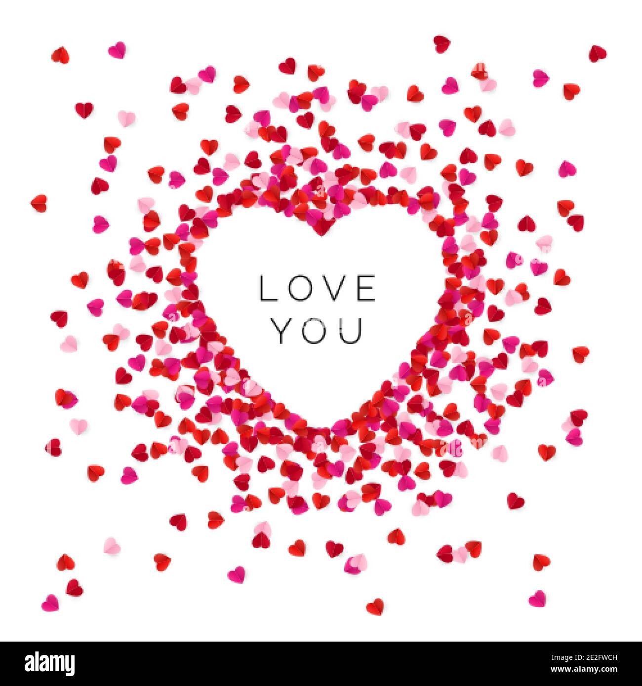 Herzform mit roten Papierherzen gefüttert. Alles Liebe zum Valentinstag Grußkarte Hintergrund.`s Liebe dich Botschaft. Vektorgrafik Stock Vektor